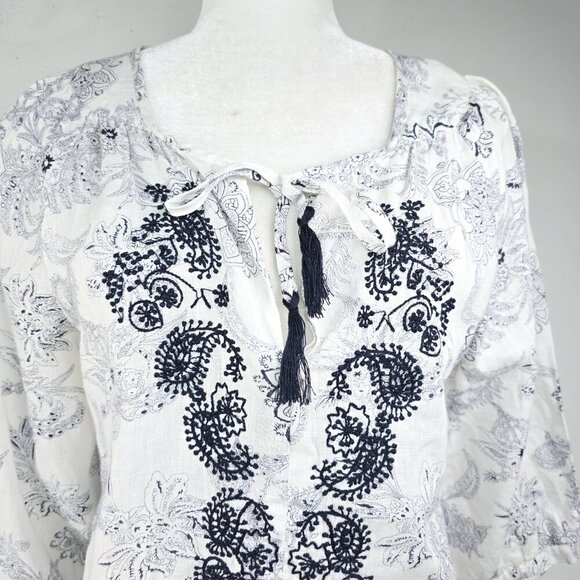 Malvin Hamburg White Linen Paisley Floral Embroidered Tunic Tasseled Top Germany - Picture 4 of 8